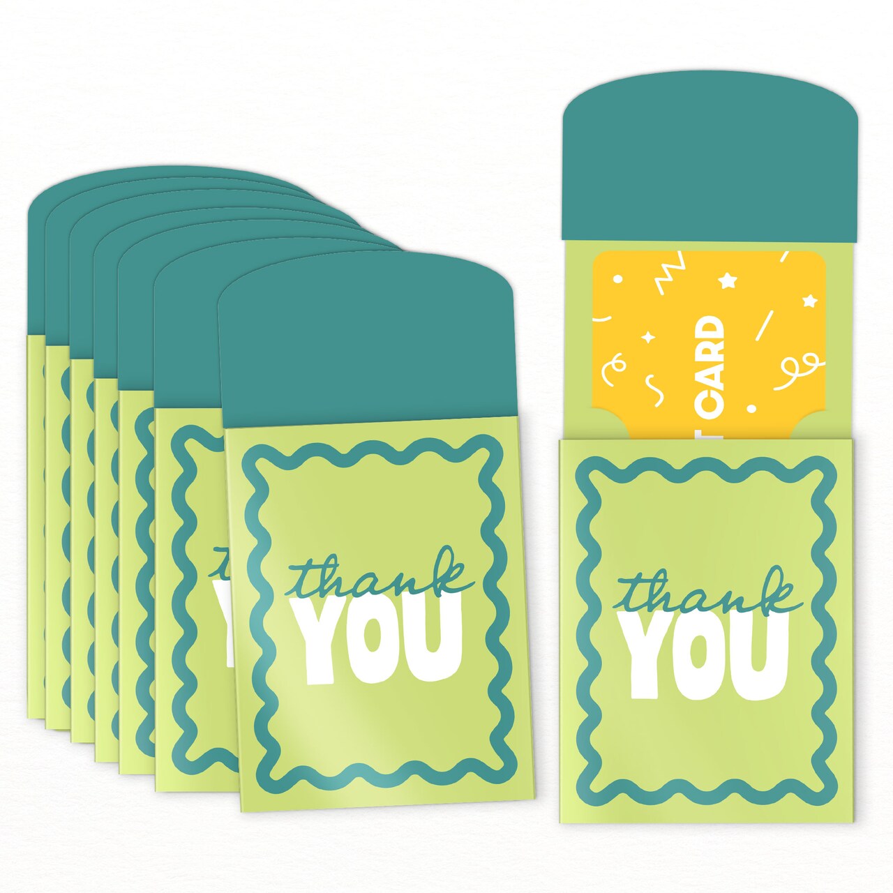 Big Dot of Happiness Light Green & Teal Wavy Thank You Gift Card Holders with Envelopes, Money Holder Sleeves, Retro Nifty Gifty Pack - Set of 8